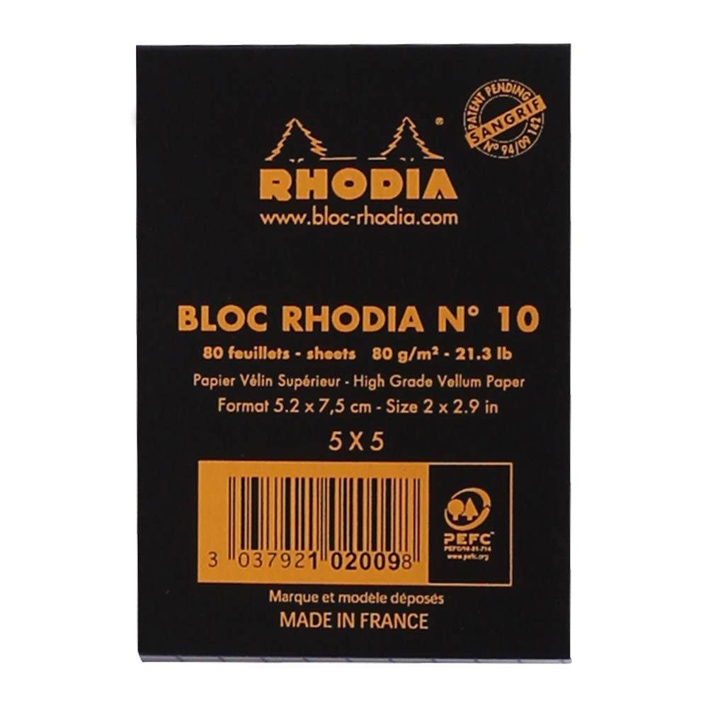 Rhodia Head Stapled Pad, No10 A8, Square ruling - Black