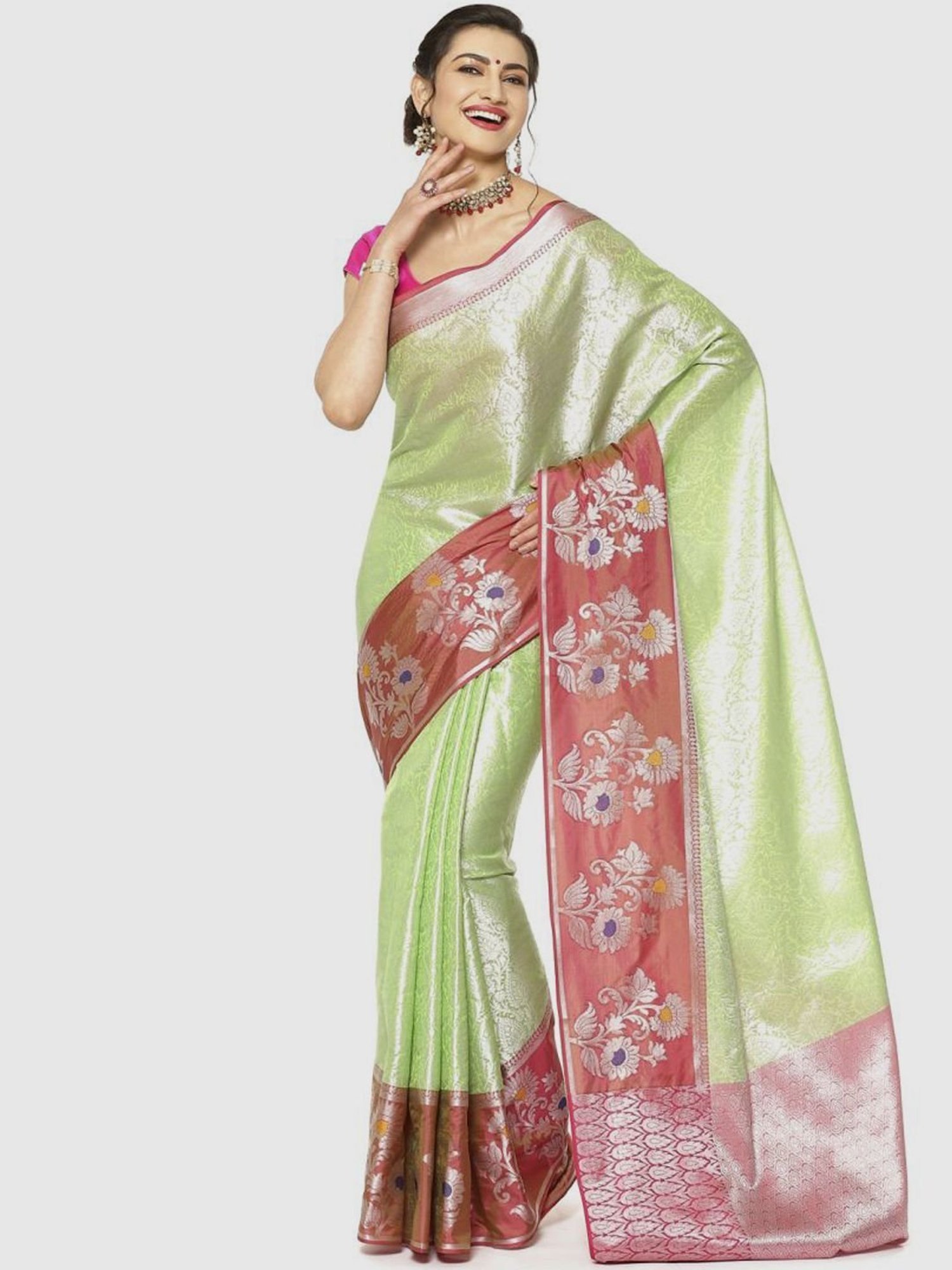 Banarasi Silk Works Green & Pink Woven Saree With Unstitched Blouse