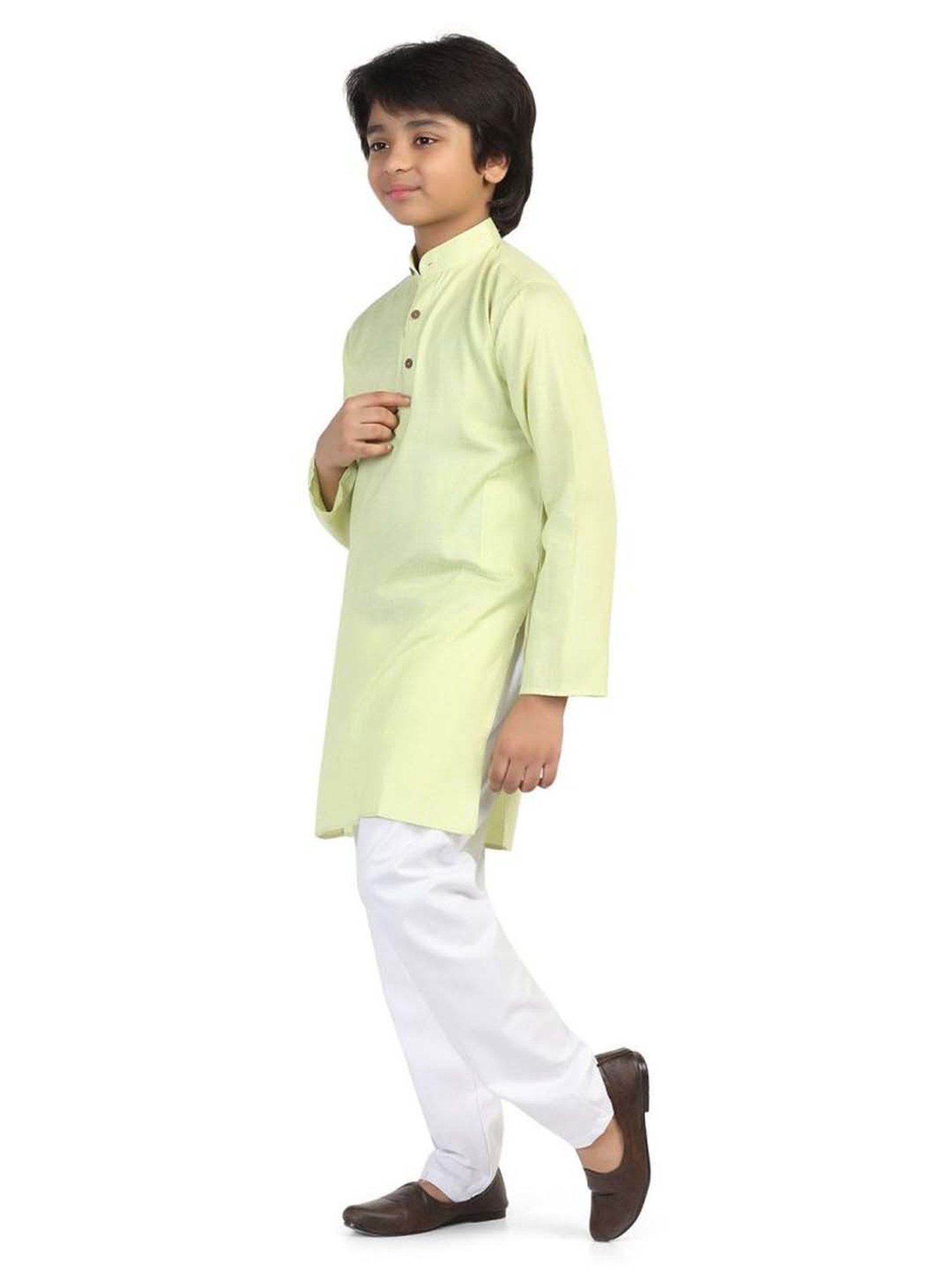 TAHVO Kids Green & White Slim Fit Full Sleeves Kurta Set