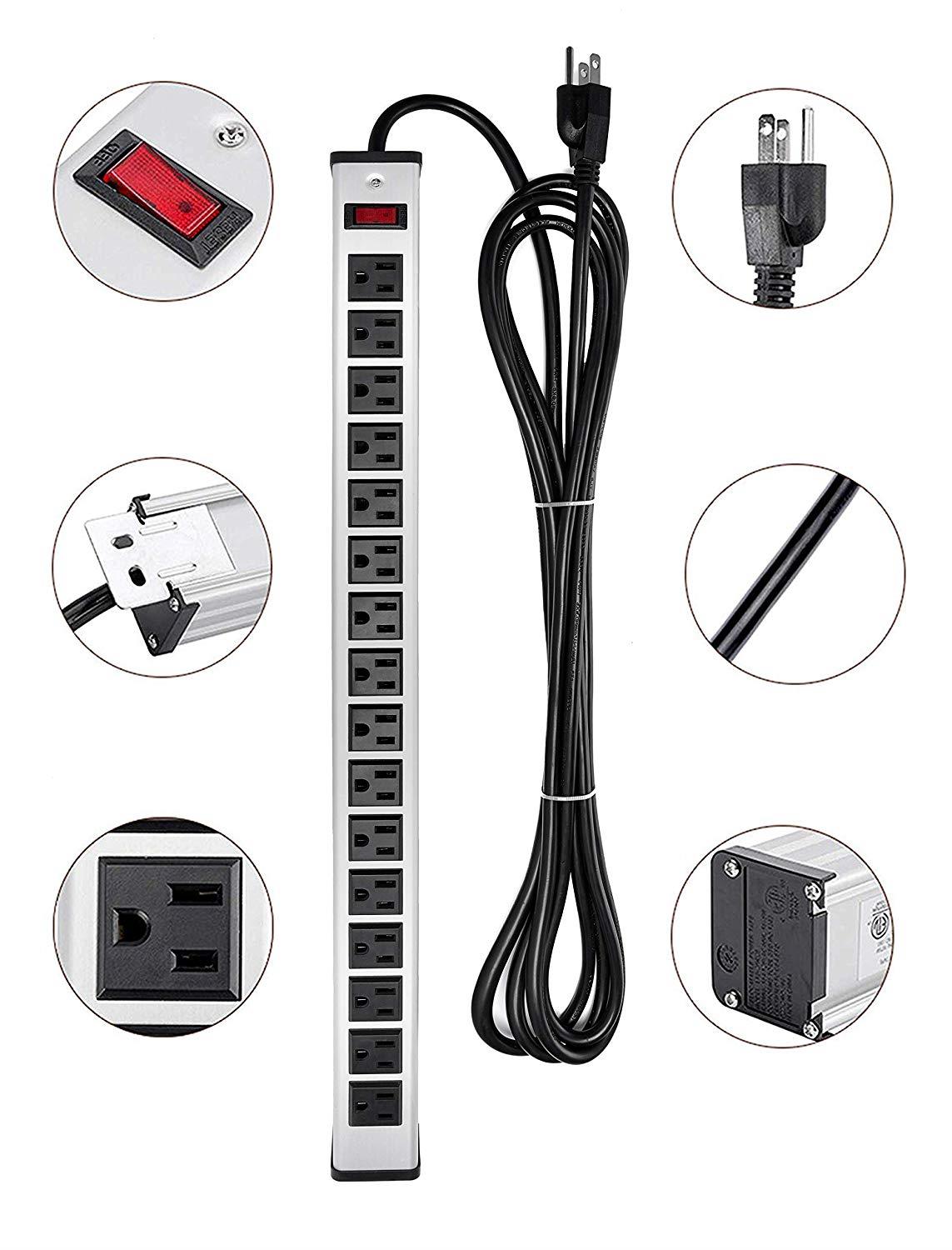 Surge Protector Power Strip 16-Outlet ETL Certified Heavy Duty Metal Power Socket with Circuit Breaker and 15 FT Long Cord