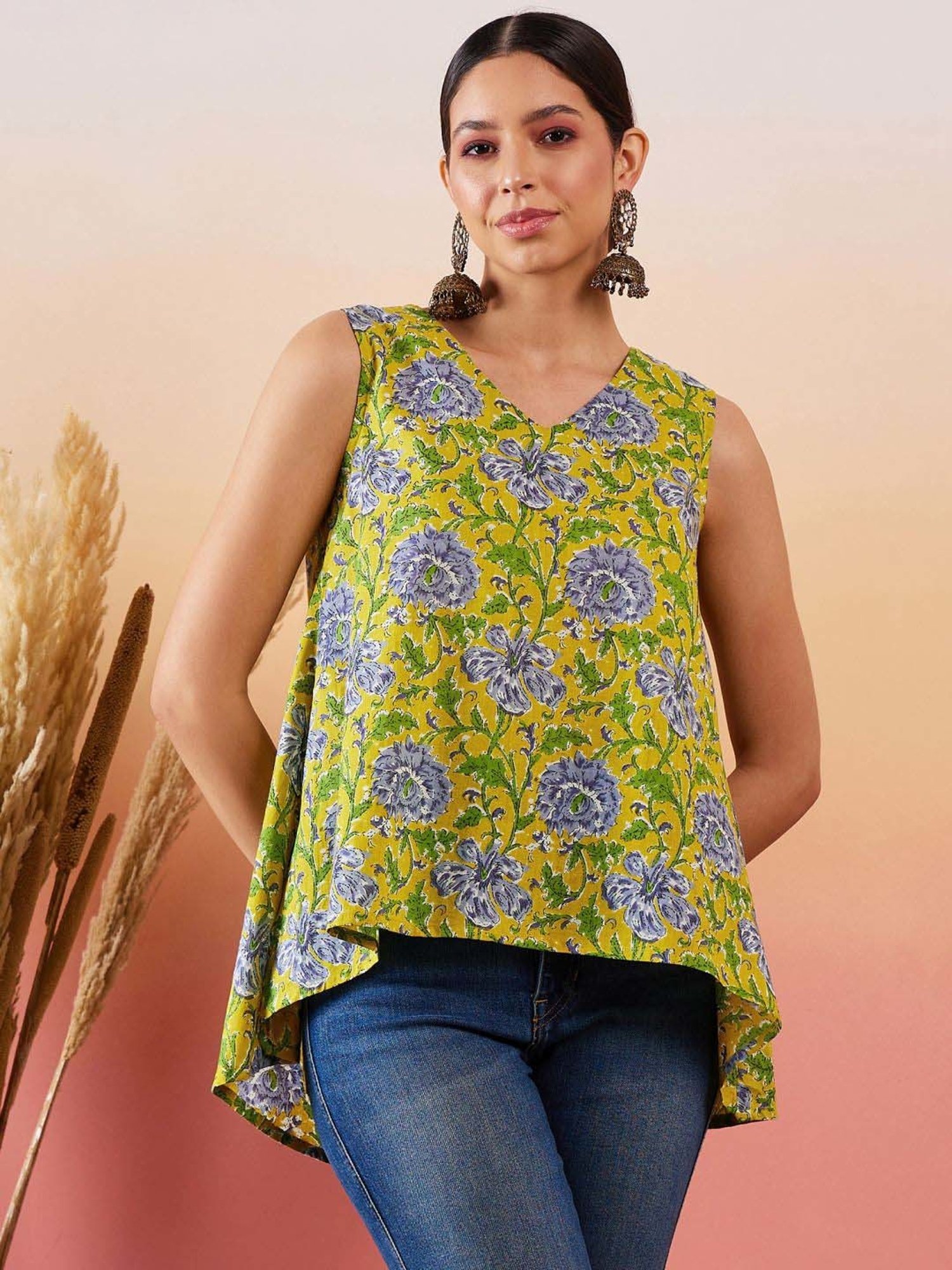 Inweave Lime Yellow Cotton Floral Print Top