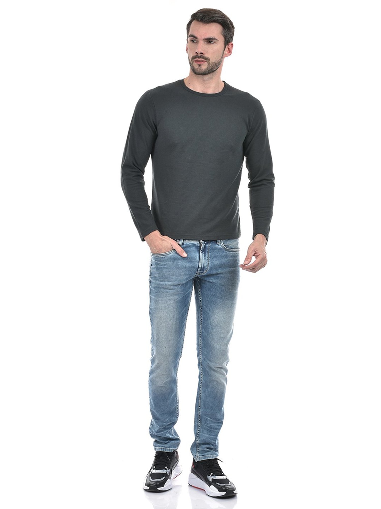 Integriti Dark Grey Regular Fit Textured Crew T-Shirt