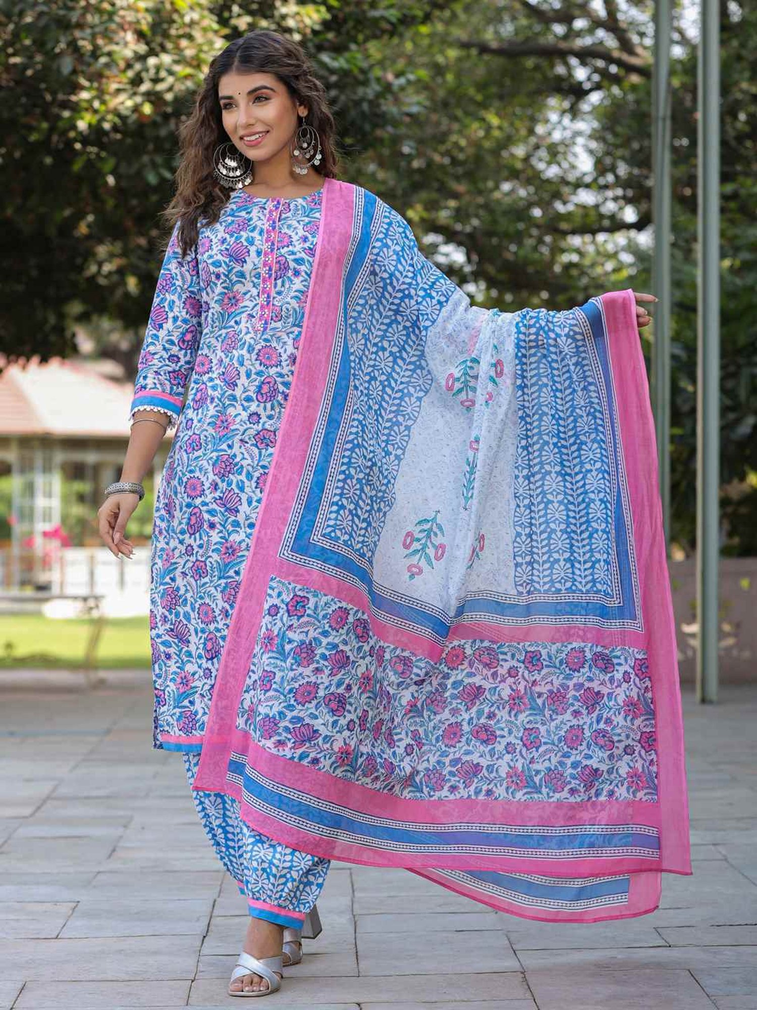 Rain and Rainbow Blue Cotton Embroidered Kurta & Salwar Set With Dupatta