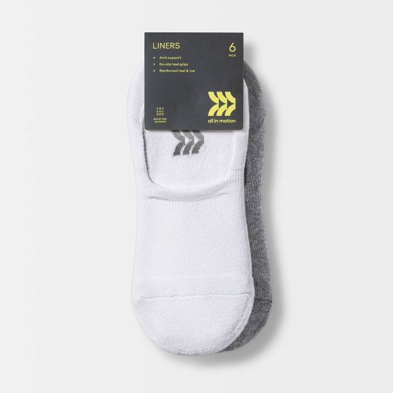 Women's Extended Size Cushioned 6pk Liner Athletic Socks - All in Motion™ - White/Heather Gray/Black 8-12