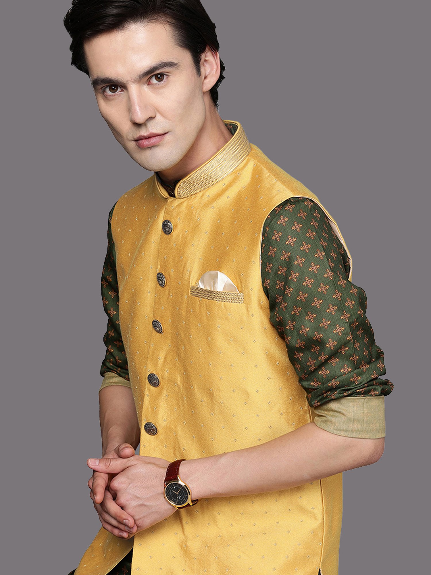 Manyavar Mustard Regular Fit Printed Nehru Jacket