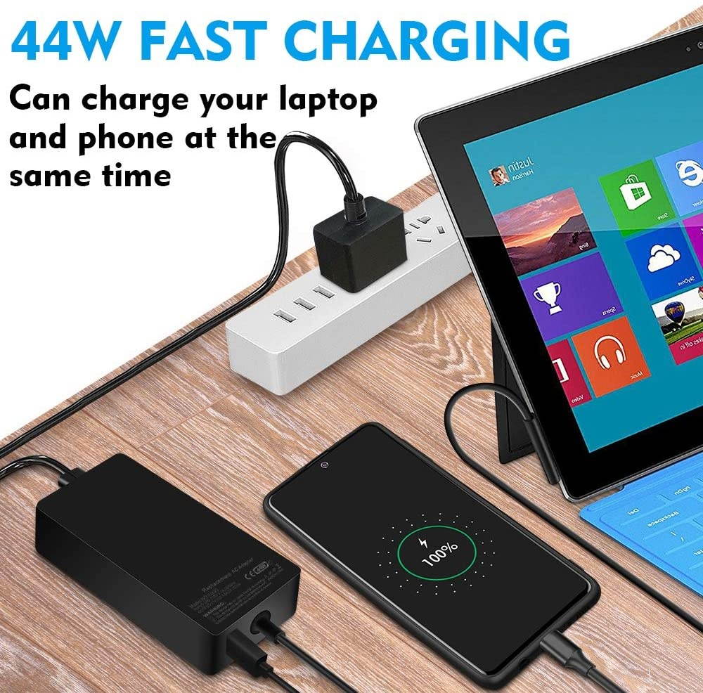 Surface Pro Charger 44W, Microsoft Surface Power Adapter Charger for Surface Pro X/7/6/5/4, Surface Go 2/1, Microsoft Surface Book, Laptop & Tablet, Replacement AC Adapter 15V-2.58A with USB Port