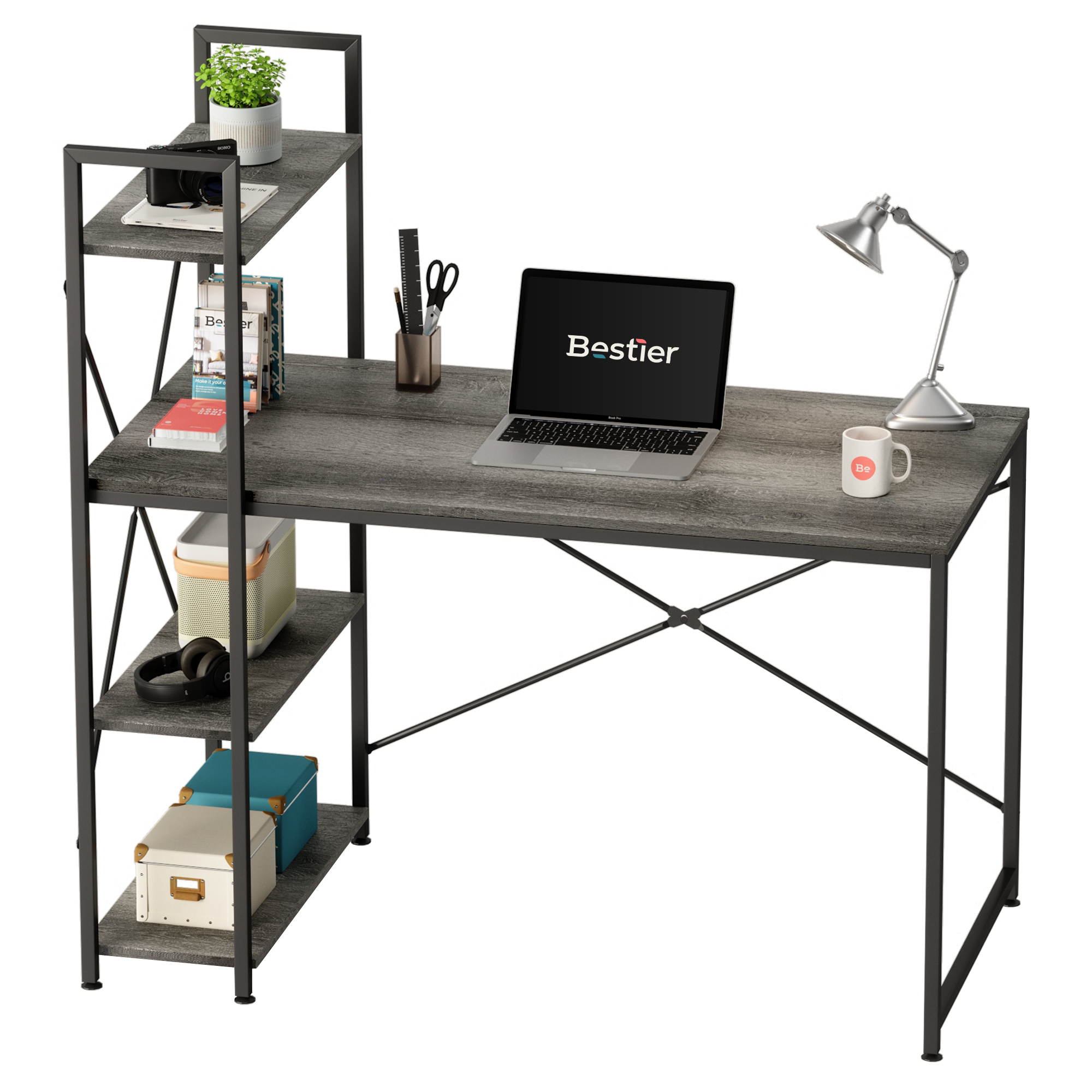 Bestier 63 Inch Computer Desk with Storage Shelves, Modern Bookshelf Desk with Headphone Hook Large Workstation Writing Desk with Reversible Bookshelves Home Office Work Table Study Desk Grey