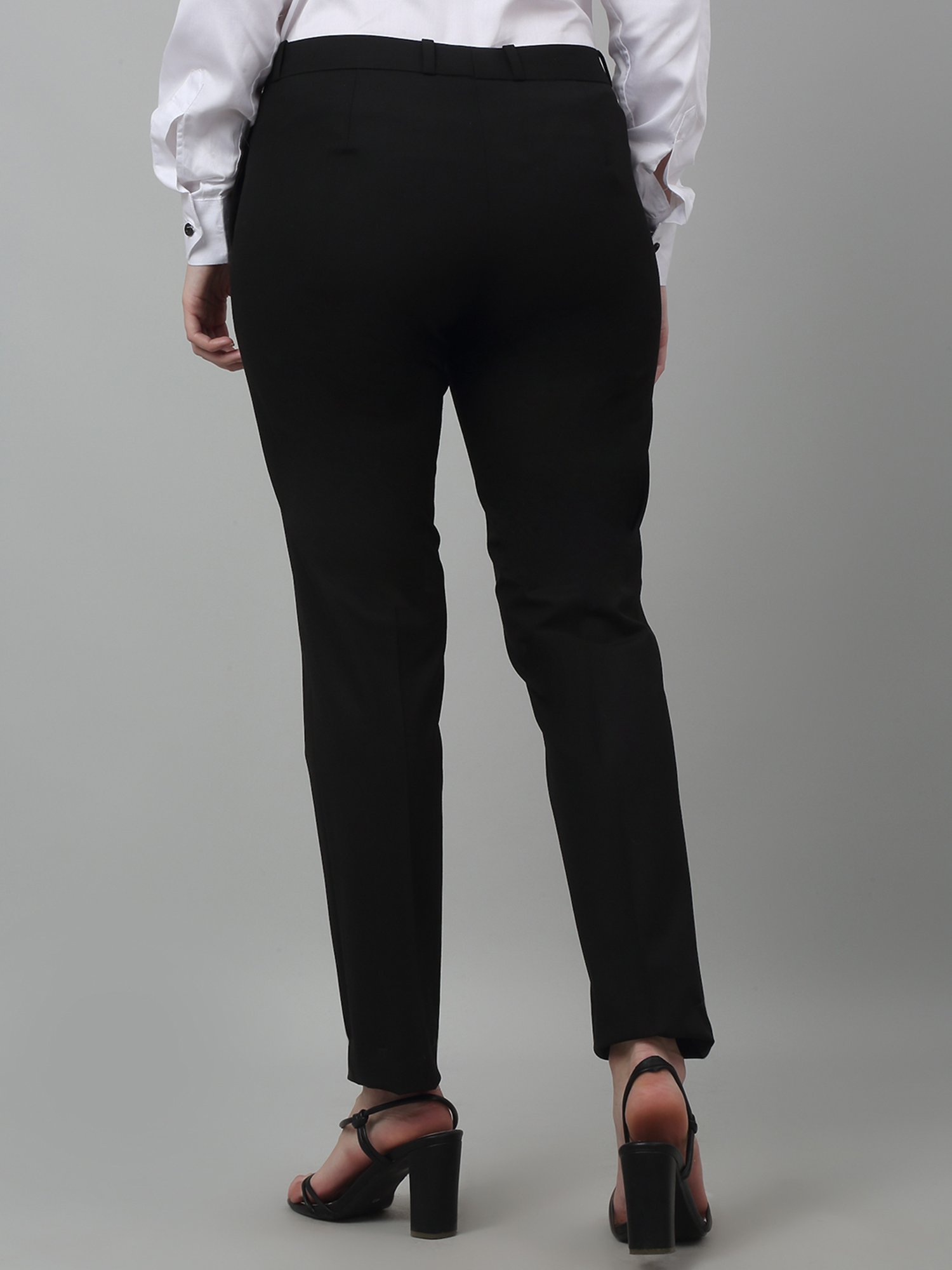 Cantabil Black Cotton Lycra Regular Fit Mid Rise Trousers