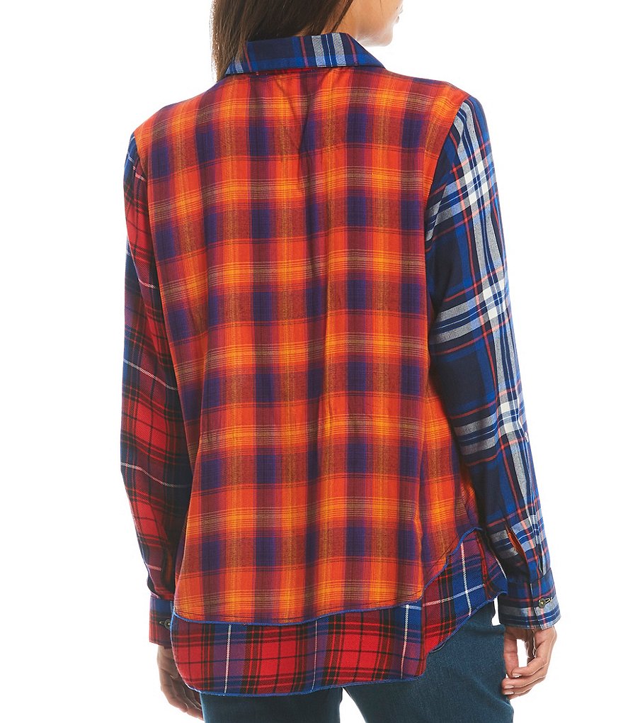 Tru Luxe Jeans Mixed Plaid Button Front Point Collar Long Sleeve Shirt