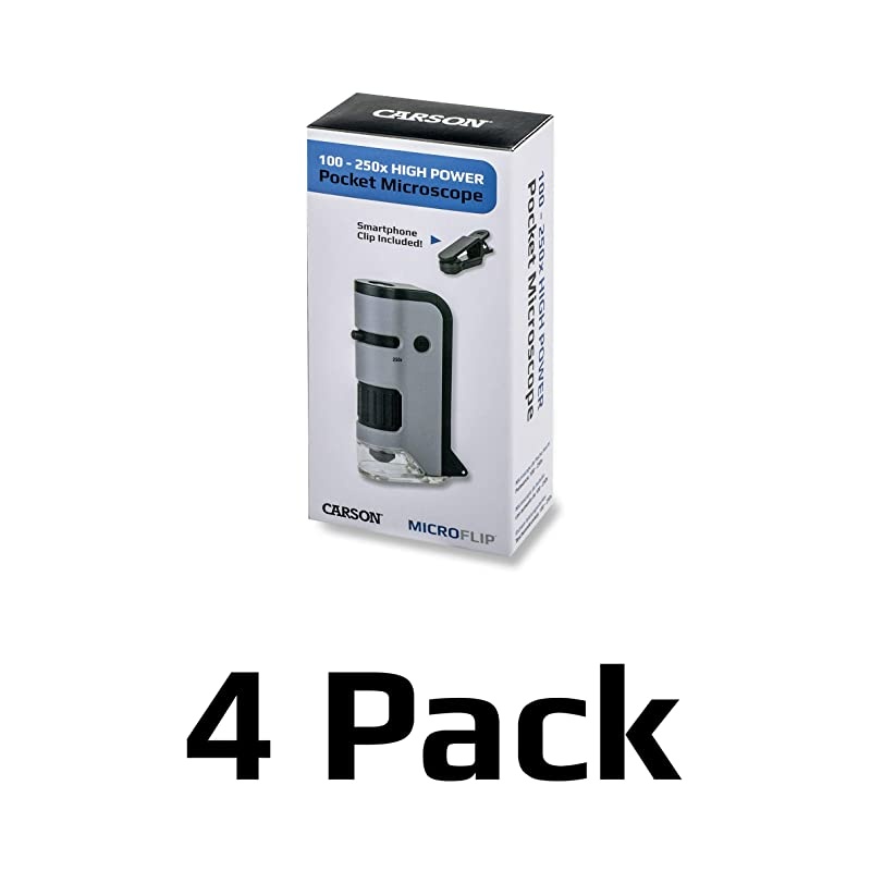 MicroFlip 100x250x LED Lighted Pocket Microscope with Flip Down Slide Base Smartphone Adapter Clip and UV Flashlight Set of 4