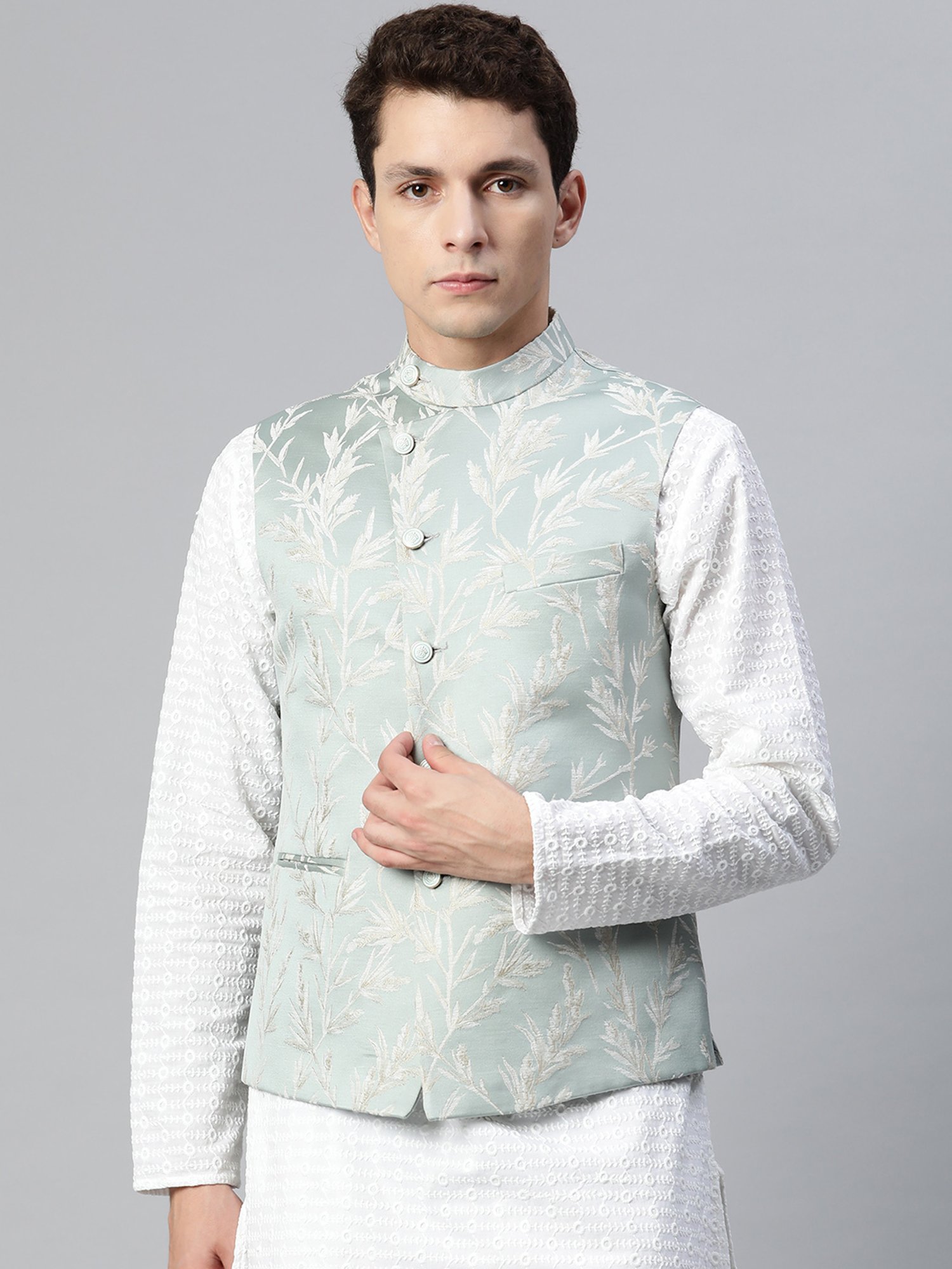 VASTRAMAY Teal Green Regular Fit Printed Nehru Jacket