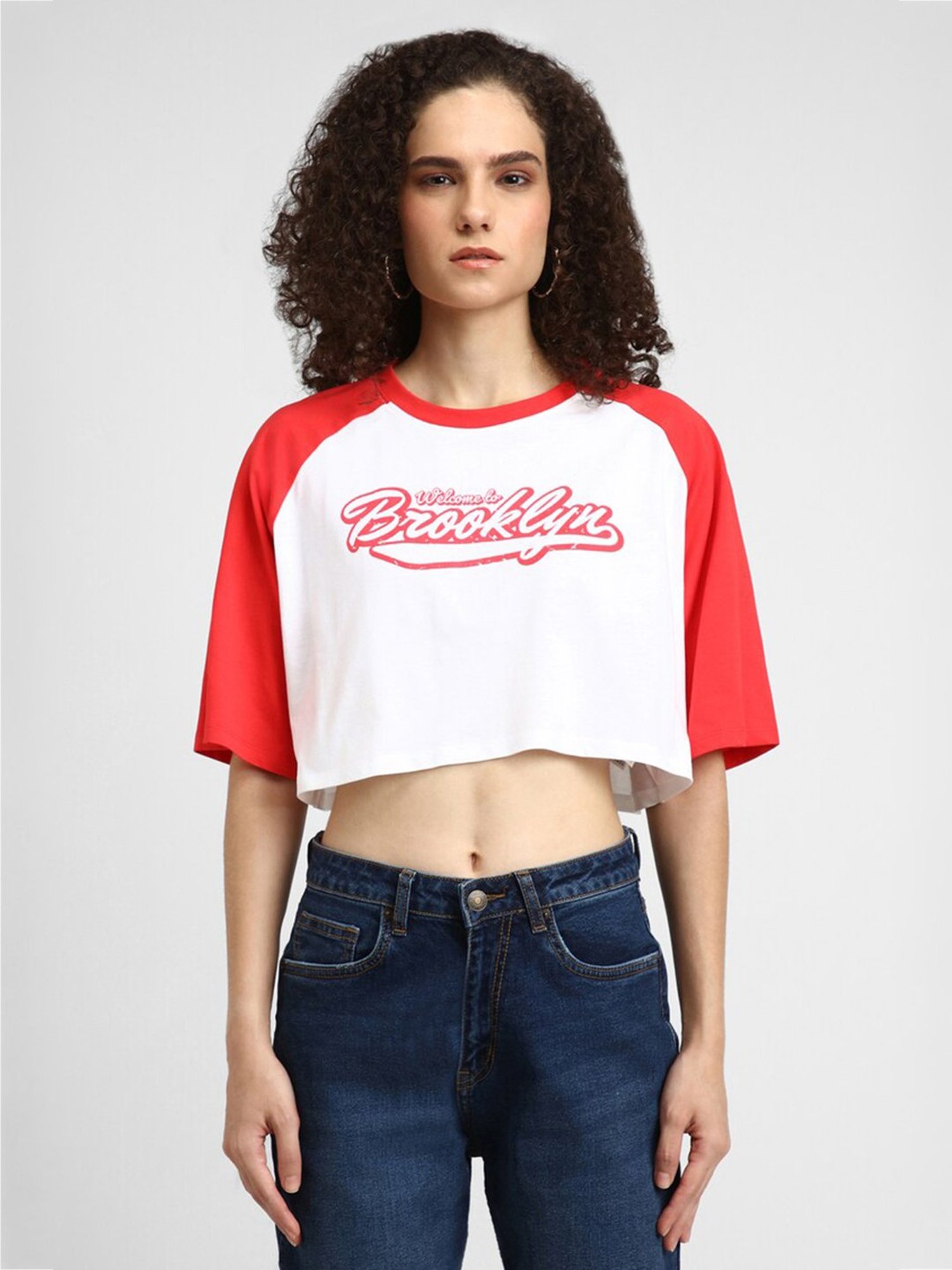 Forever 21 White & Red Cotton Graphic Print Crop Top