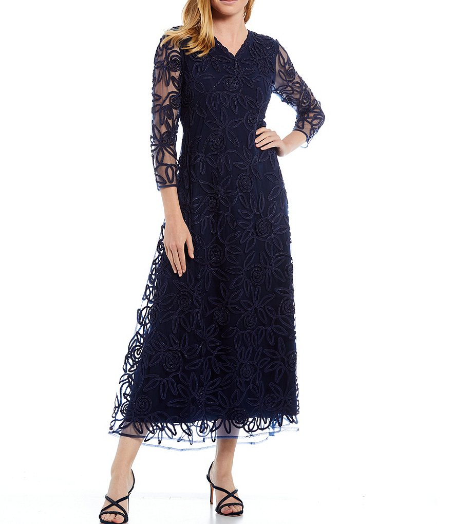 Jkara Chiffon Popover Beaded V-Neck 3/4 Capelet Sleeve Gown