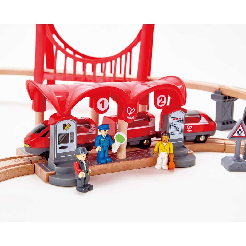 Hape Busy City Themed Magnetic Kids Toddler Play Freight Train Railway Station Toy Set with Passenger Train, Fright Train, and Station