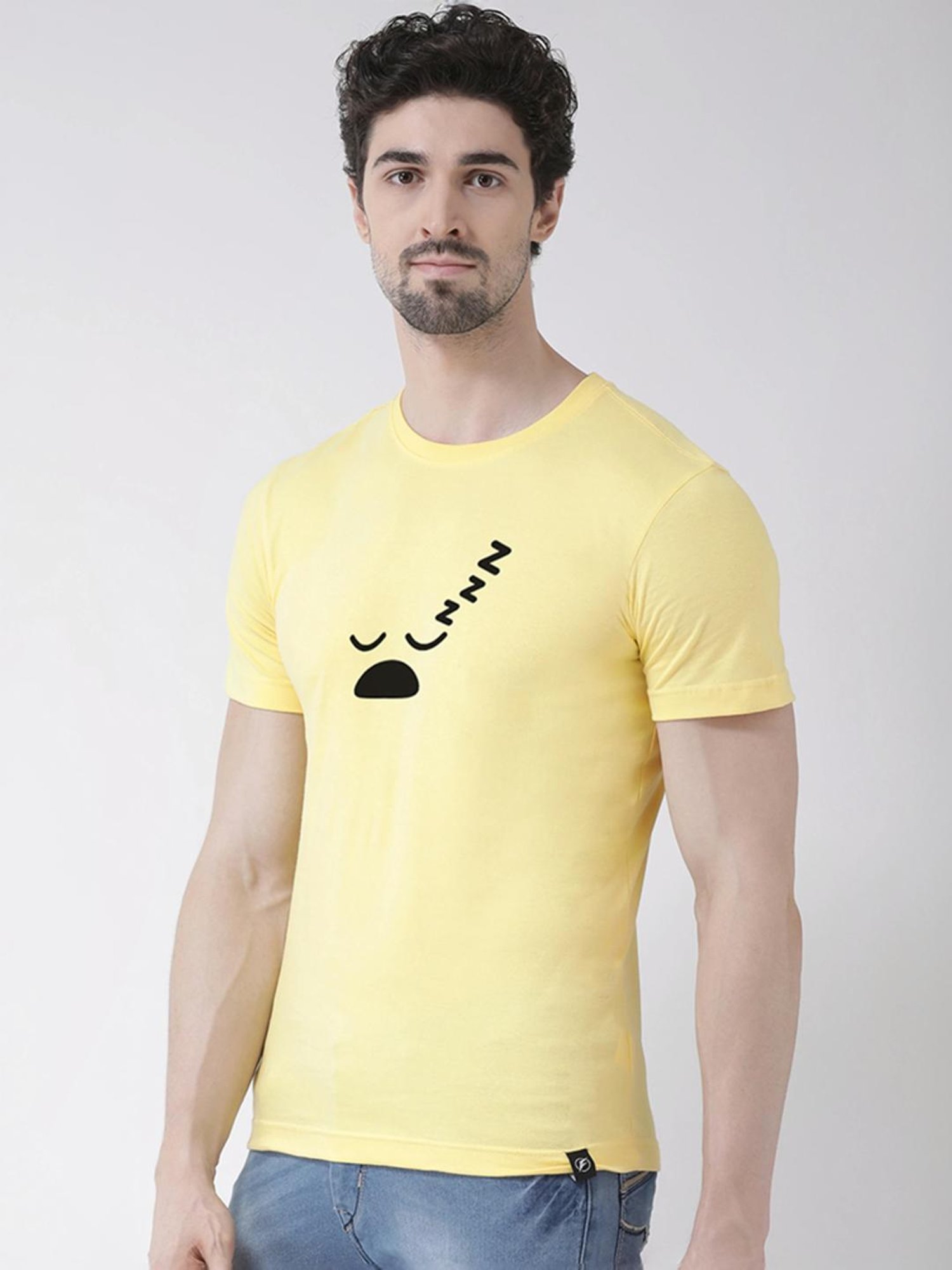 Friskers Yellow Cotton Slim Fit Printed T-Shirt