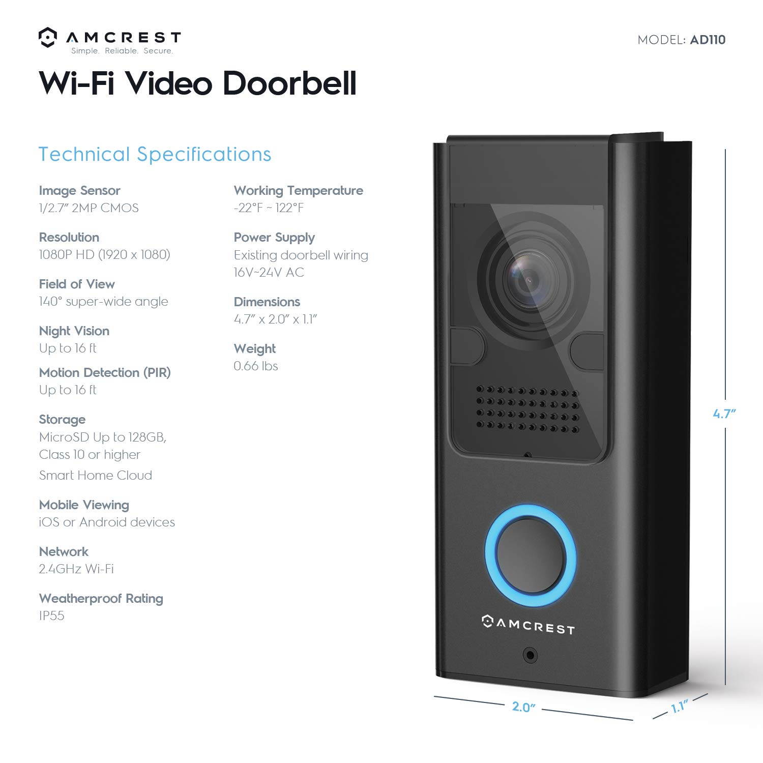 Amcrest Video Doorbell Camera, 2.4 GHz Wi-Fi Doorbell Camera, IP55 Weatherproof, Two-Way Audio, 140&ordm; Wide Angle, AD110