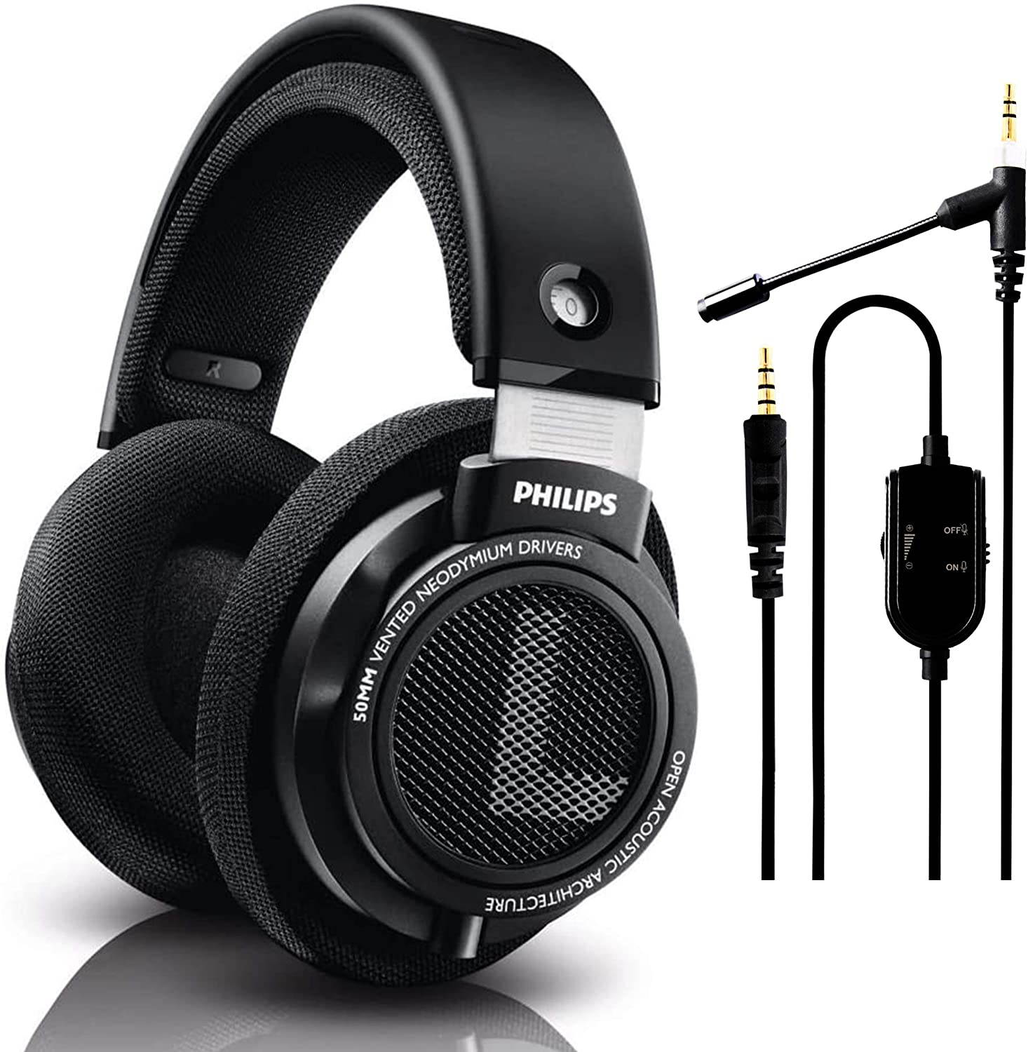 Philips SHP9500 Wired Over-Ear Stereo HiFi Headphones, Comfort Fit Professional Studio Monitor, Open-Back 50mm Drivers (Black) + NeeGo Attachable Microphone for Gaming