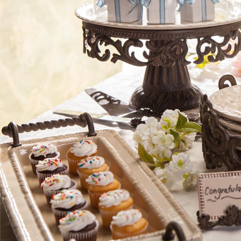 GG Collection 21.5-Inch Long Cream Ceramic Tray with Provencial Styled Braided Metal Handles