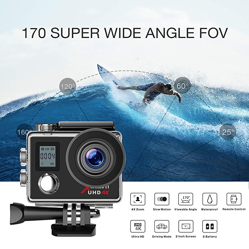 Action Camera 4K WiFi Ultra HD Camera Underwater 30M 170&deg;Wide-Angle Lens with Remote Control 2 Batteries and Mounting Accessories Kit