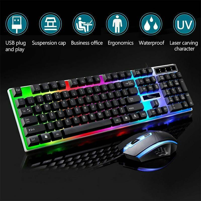 Keyboard and mouse combo, USB RGB LED Backlighting Mechanical Keycaps Rainbow Backlit Gaming Keyboard & 800/1200/1600 DPI LED Optical for Windows PC Gamers, Plug and Play
