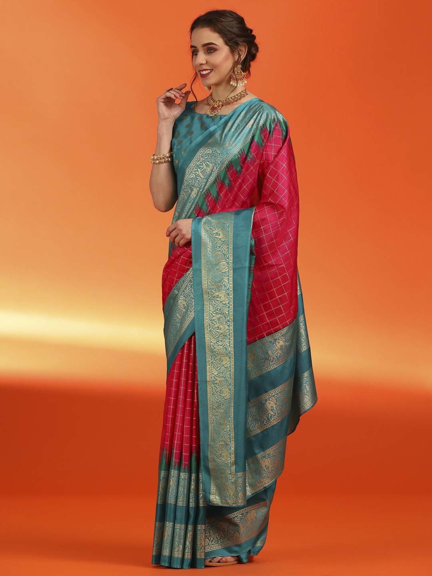 Saree Mall Pink & Blue Silk Printed Saree With Unstitched Blouse