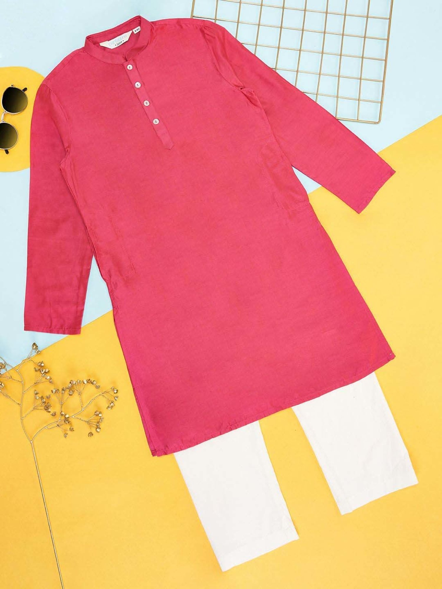 VASTRAMAY Boys Yellow & White Cotton Printed Full Sleeves Kurta Sets