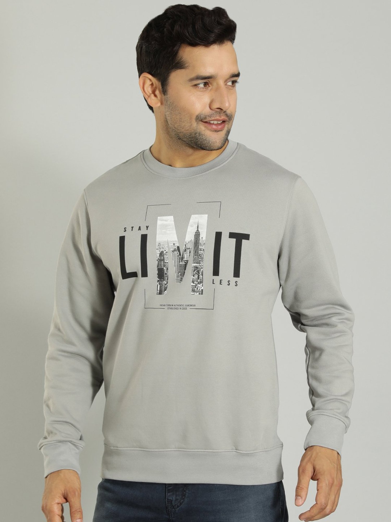 Indian Terrain Grey Melange Regular Fit Printed Sweatshirt