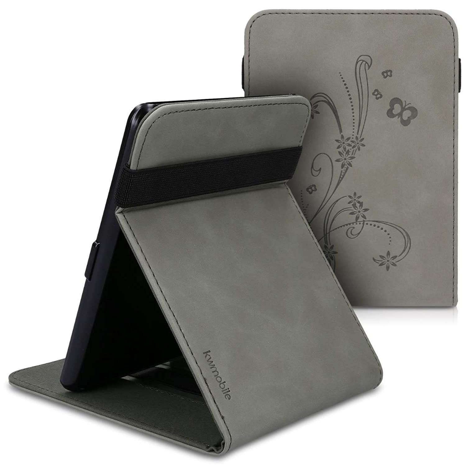 kwmobile Cover Compatible with Amazon Kindle Paperwhite (10. Gen - 2018) - Faux Nubuck Leather e-Reader Case with Built-in Hand Strap and Stand - Butterfly Tendril Grey