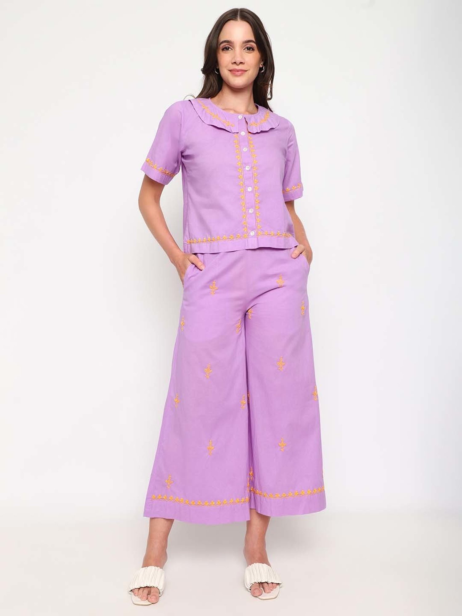 Sringam Purple Cotton Embroidered Top Palazzo Set