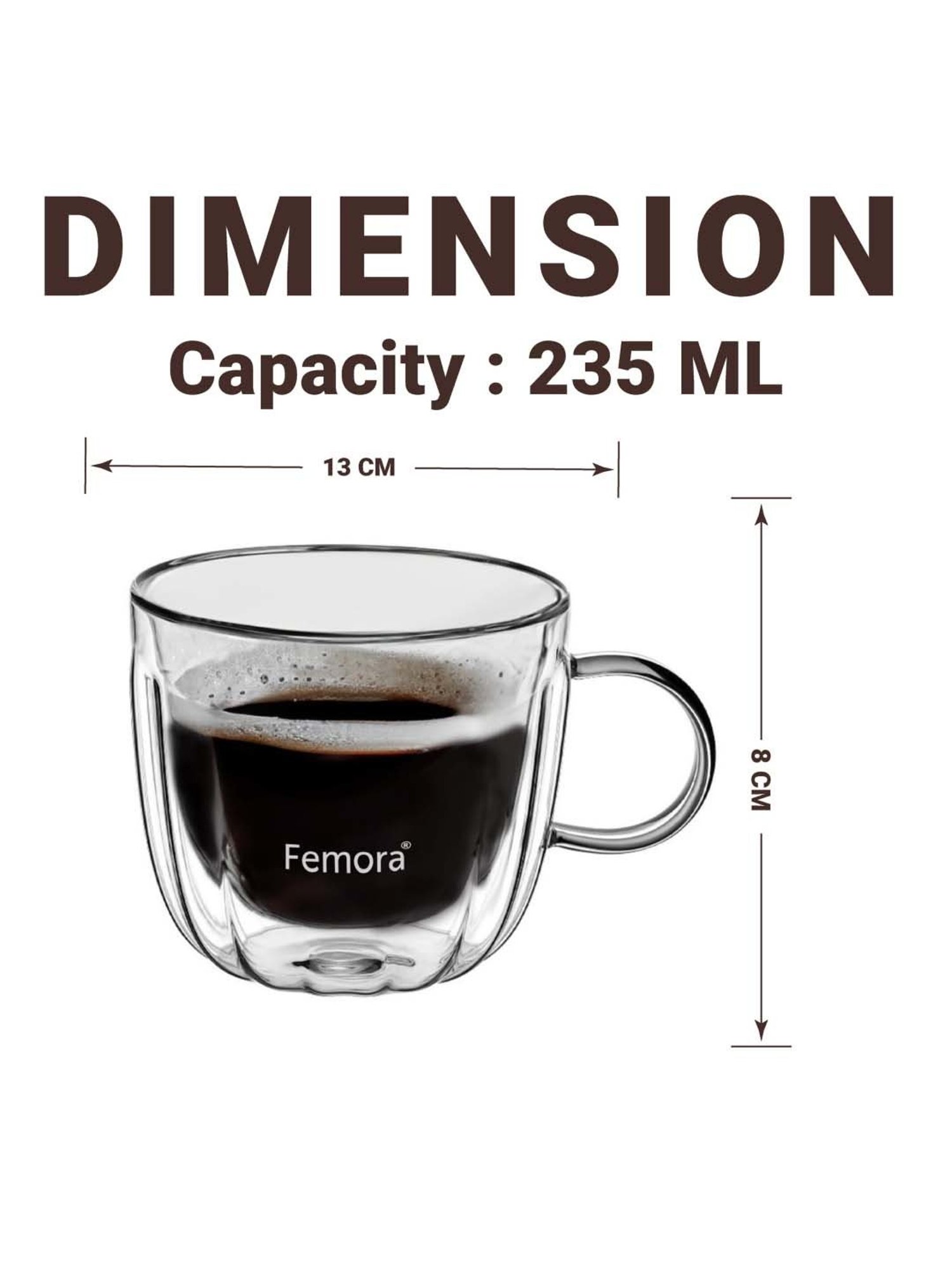 Femora Double Wall Transparent Glass Heat Resistant Coffee Mugs With Handle (0.235 L) - Set of 6