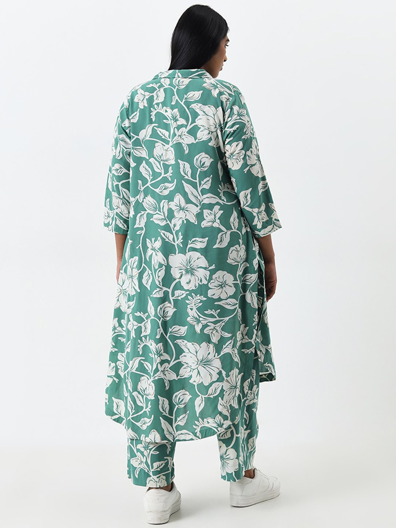 Diza by Westside Green Floral Pattern A-Line Cotton Kurta