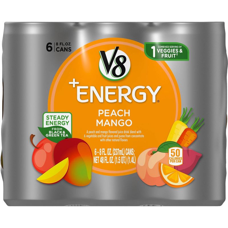 V8 V-Fusion +Energy Peach Mango Vegetable & Fruit Juice - 6pk/8 fl oz Cans