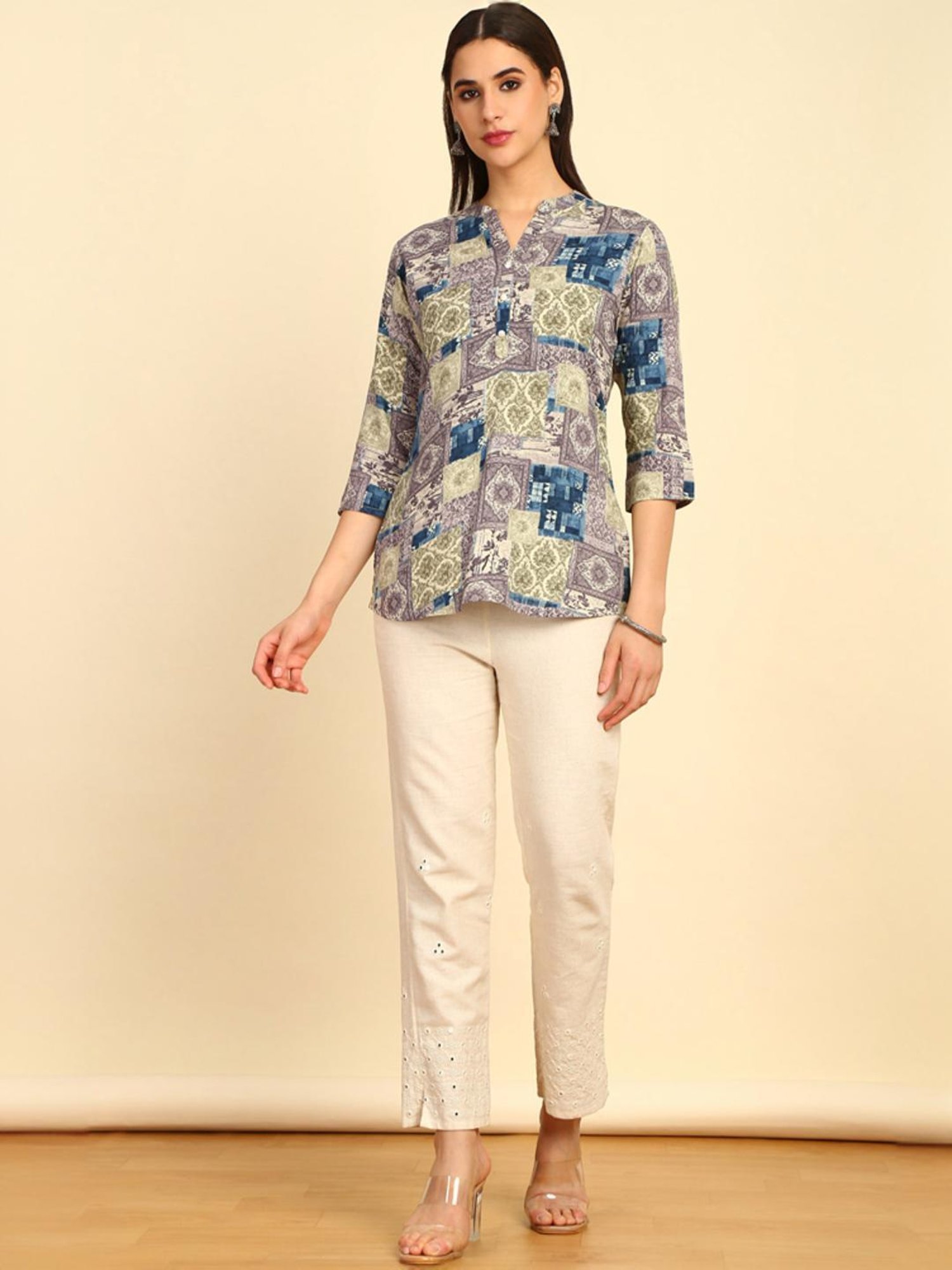 Soch Womens Grey Rayon Ethnic Motifs Foil Printed Tunic