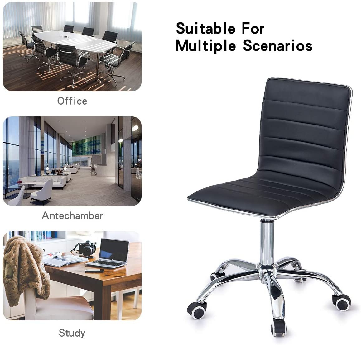 Ribbed Swivel Desk Chair Adjustable Task Chair PU Leather Mid Back Rolling Office Chair with Wheels Padded Task Conference Chair with Backrest for Office Home Computer Without Arms, White