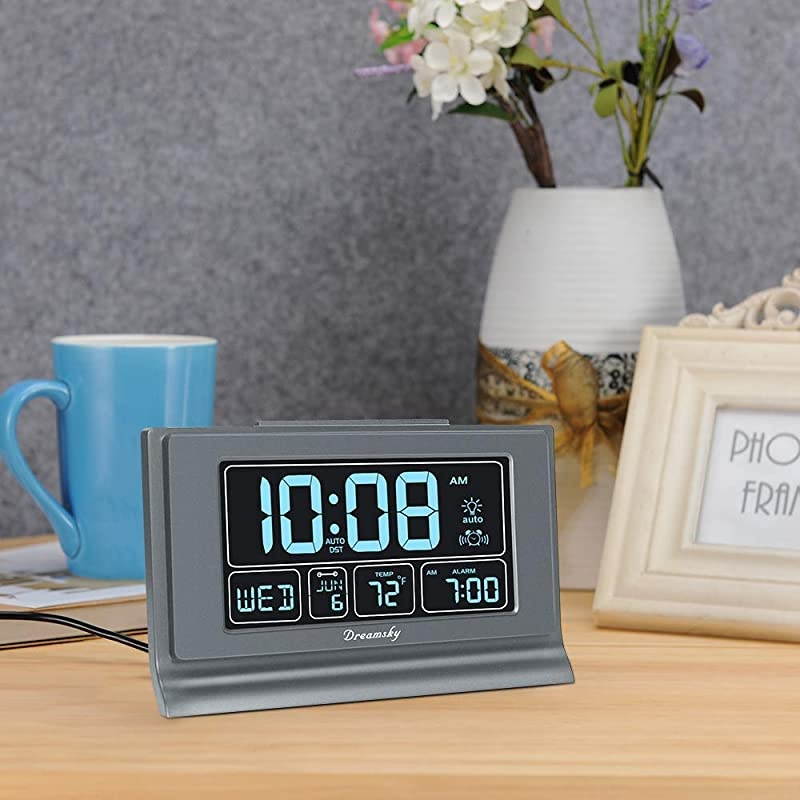 Auto Set Digital Alarm Clock with USB Charging Port 66 Inches Large Screen with TimeDateTemperature Display Full Range Brightness Dimmer Auto DST Setting Snooze Gray