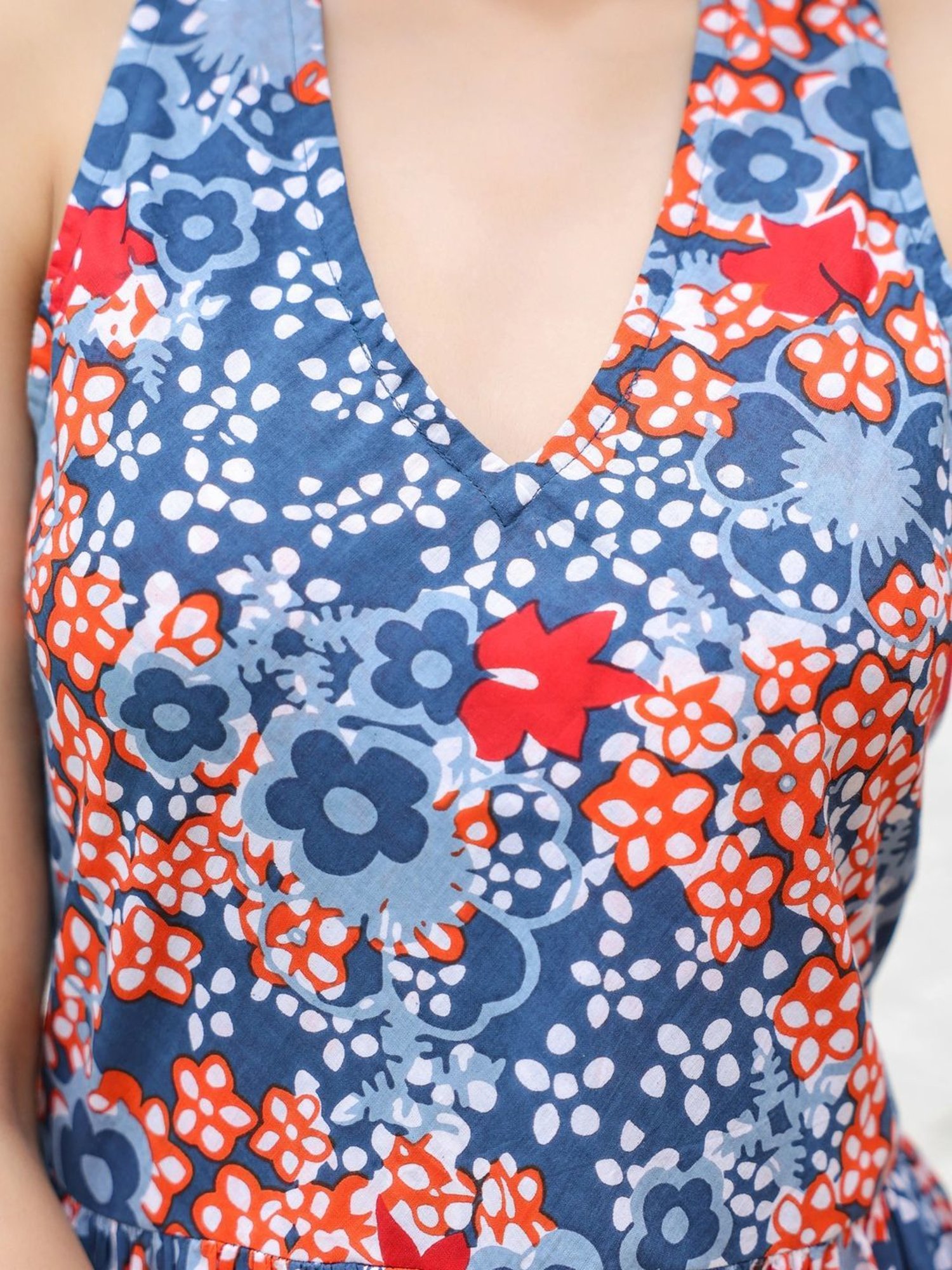 Rain and Rainbow Blue & Red Cotton Floral Print A-Line Dress