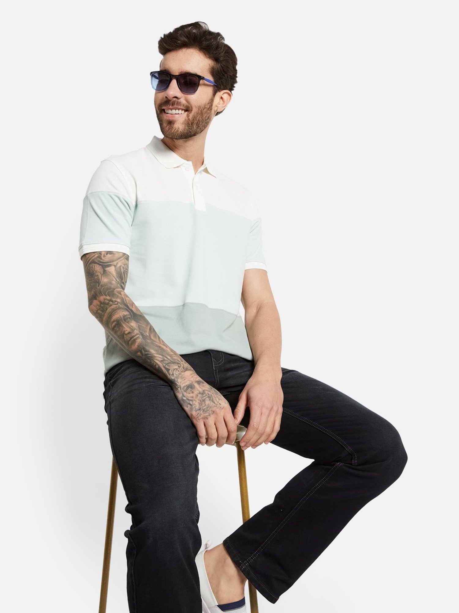 Octave Dusty Mint Cotton Regular Fit Colour Block Polo T-Shirt