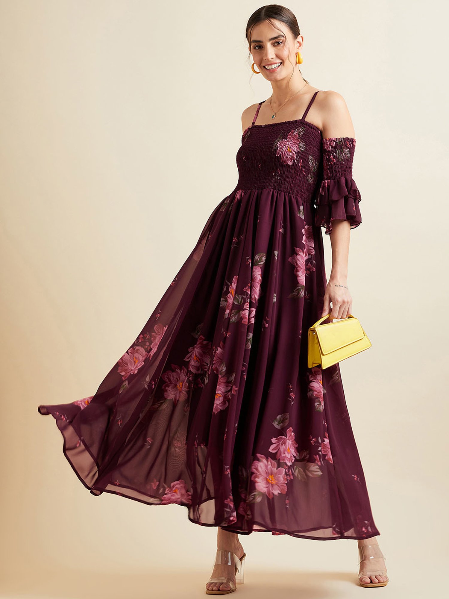 PANIT Maroon Floral Print Ethnic Dress