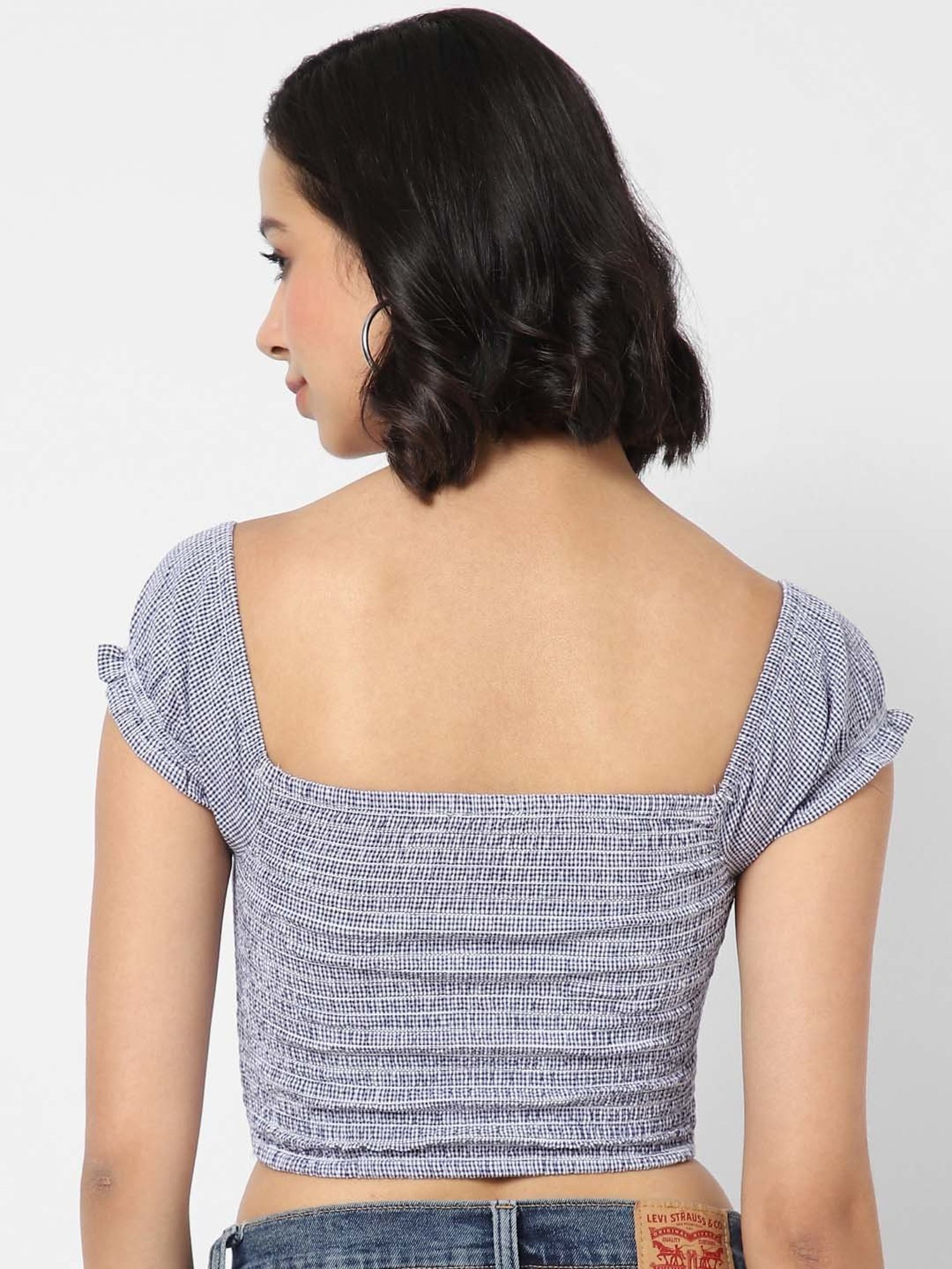 VASTRADO Blue Cotton Chequered Crop Top