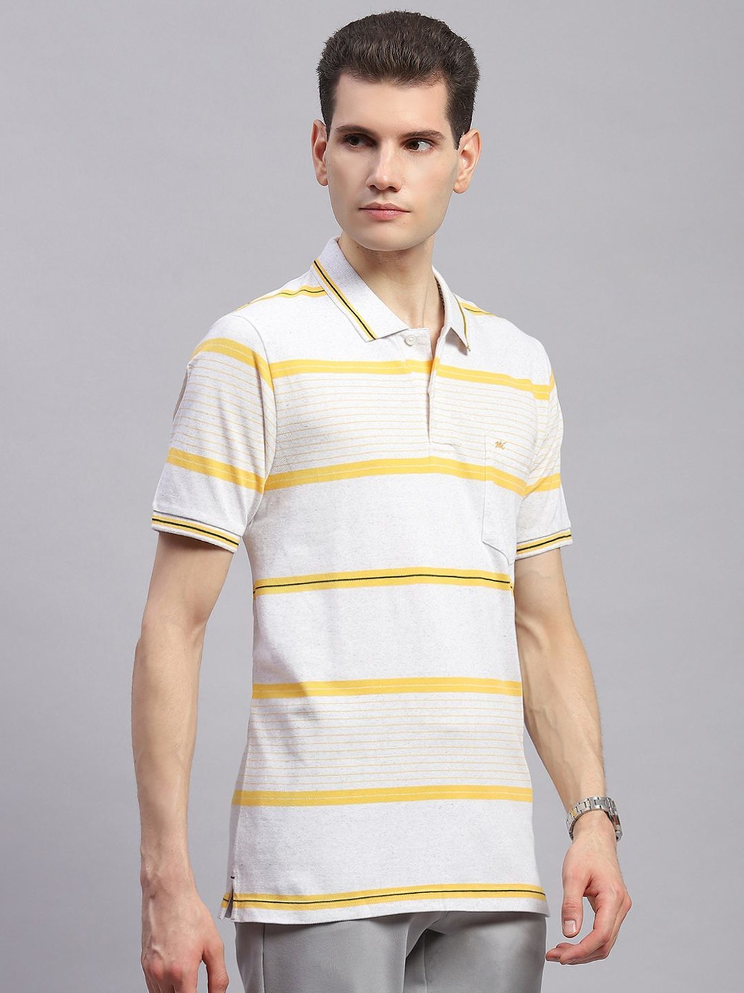 Monte Carlo Yellow Regular Fit Striped Polo T-Shirt