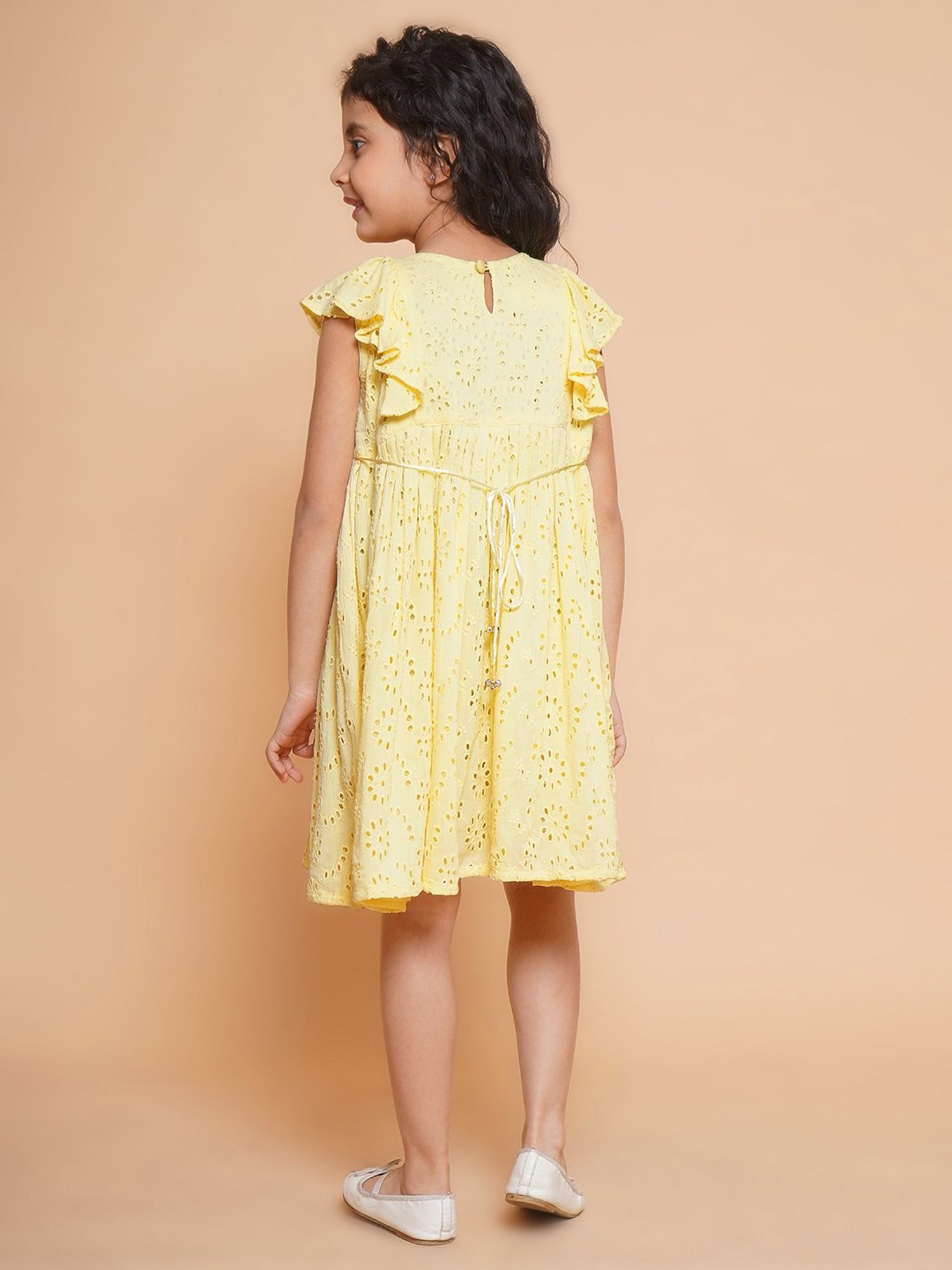 Little Bansi Kids Yellow Self Design Dress