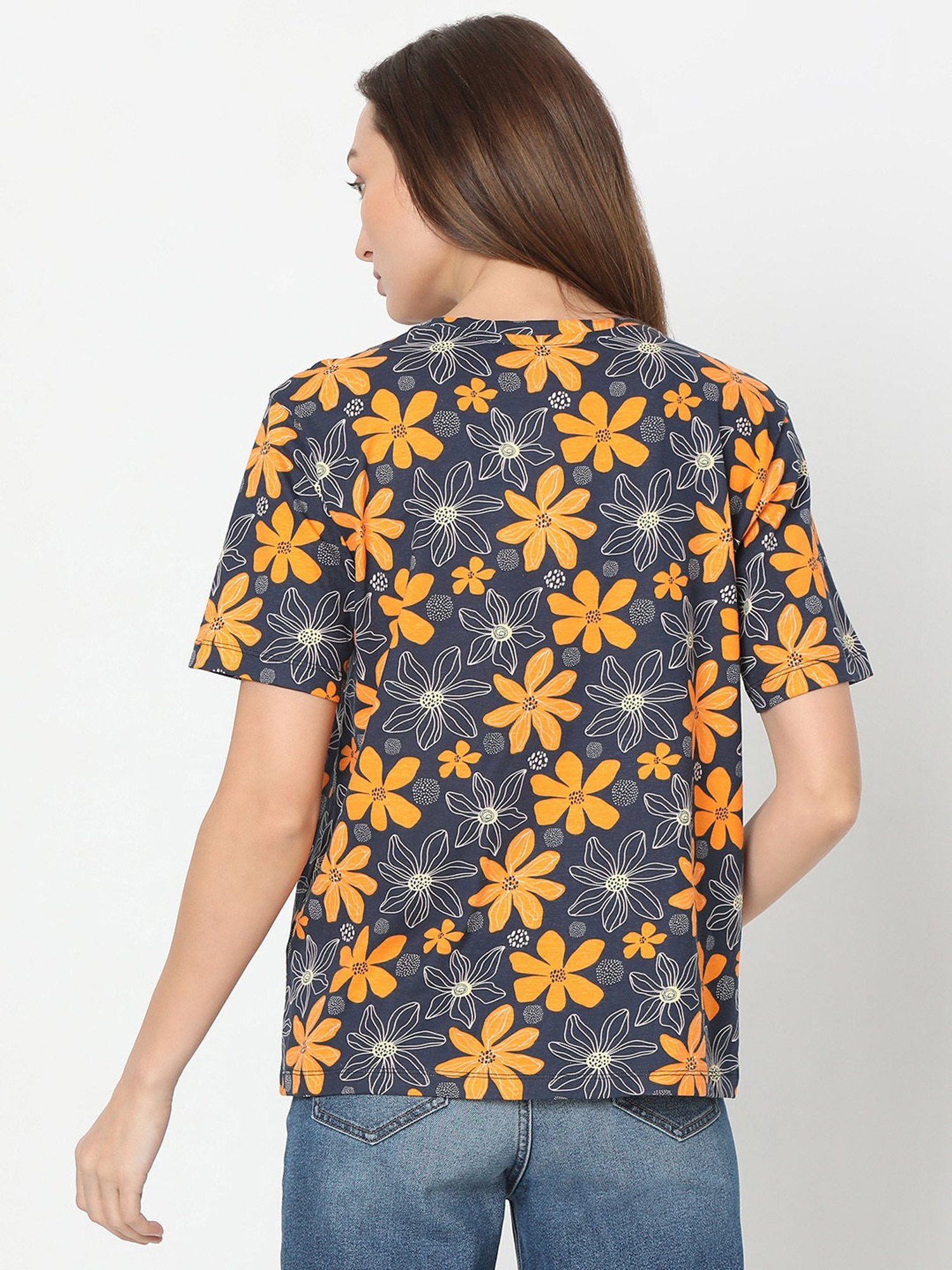 Vero Moda Blue & Yellow Cotton Floral Print T-Shirt