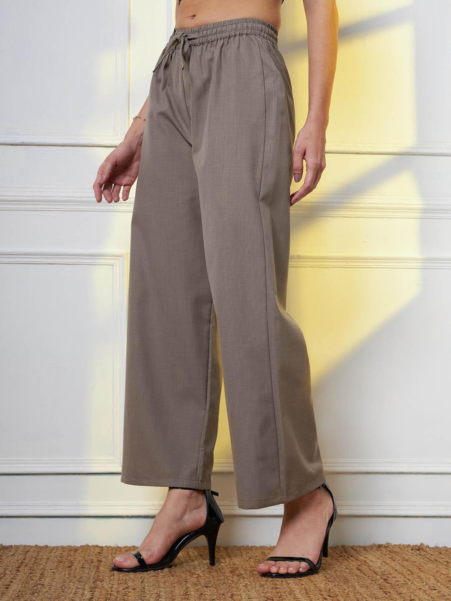 FITHUB Light Grey Straight Fit High Rise Trousers