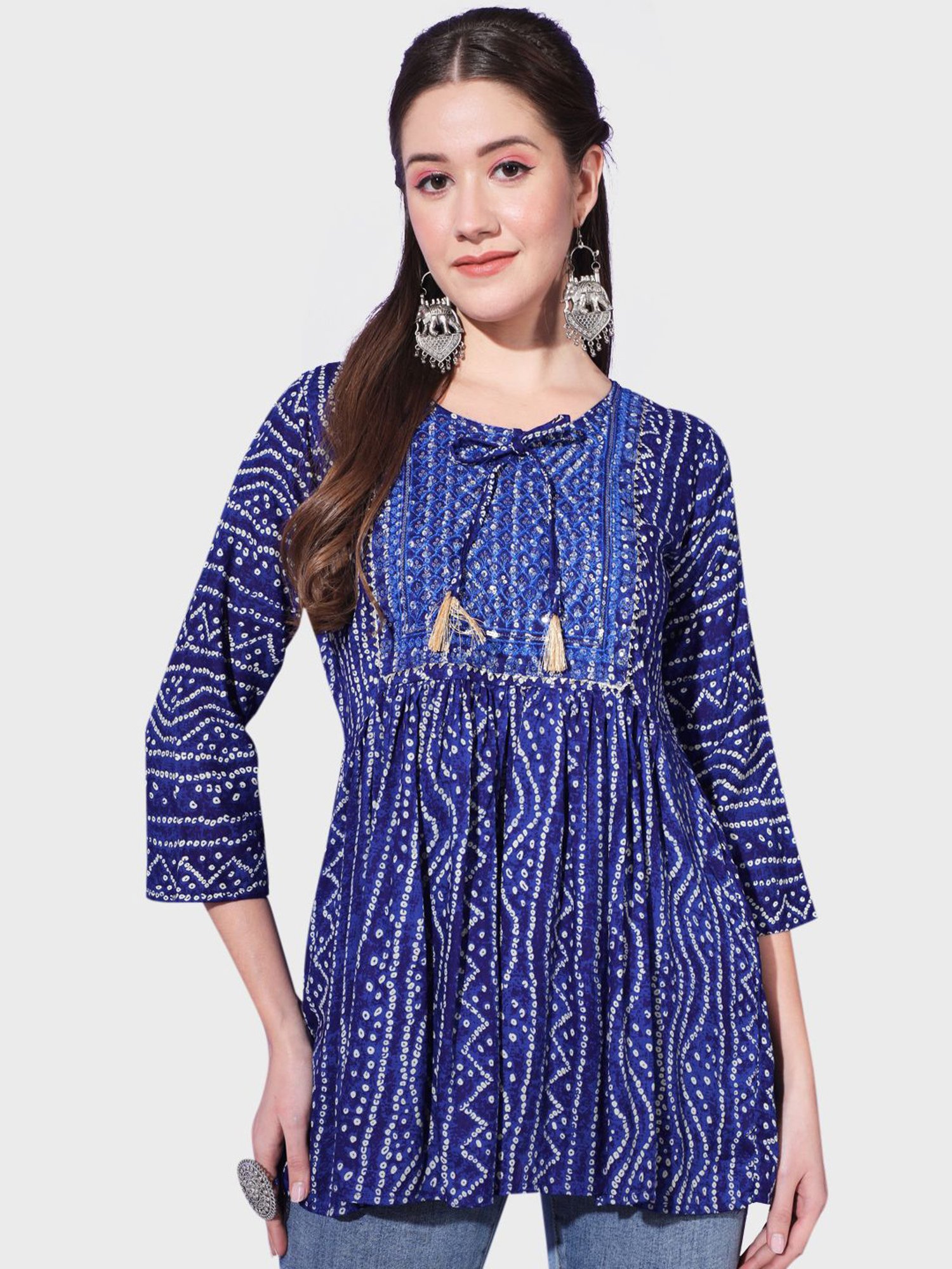 BUYNEWTREND Blue Cotton Printed A Line Short Kurti