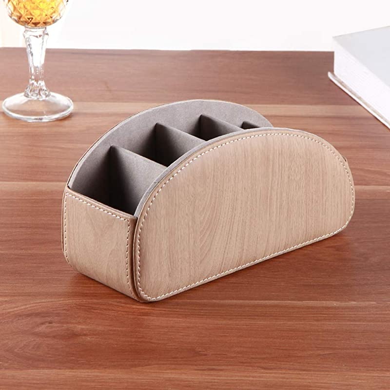 Leather TV Remote Control Holder With 5 Compartments Nightstand Desktop DVD Media Player Remote Caddy Storage Box Organizer Tray For Makeup Brush Pen Stationary Table Controllers