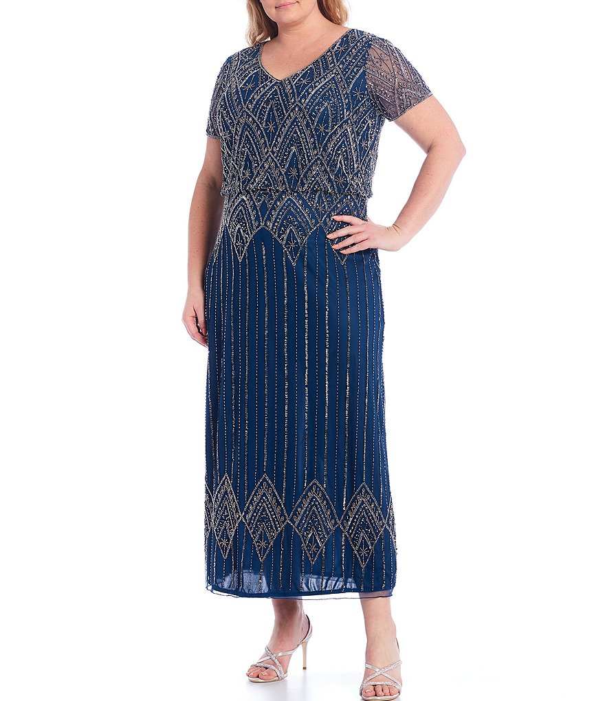 Pisarro Nights Plus Size Short Sleeve V-Neck Beaded Blouson Gown