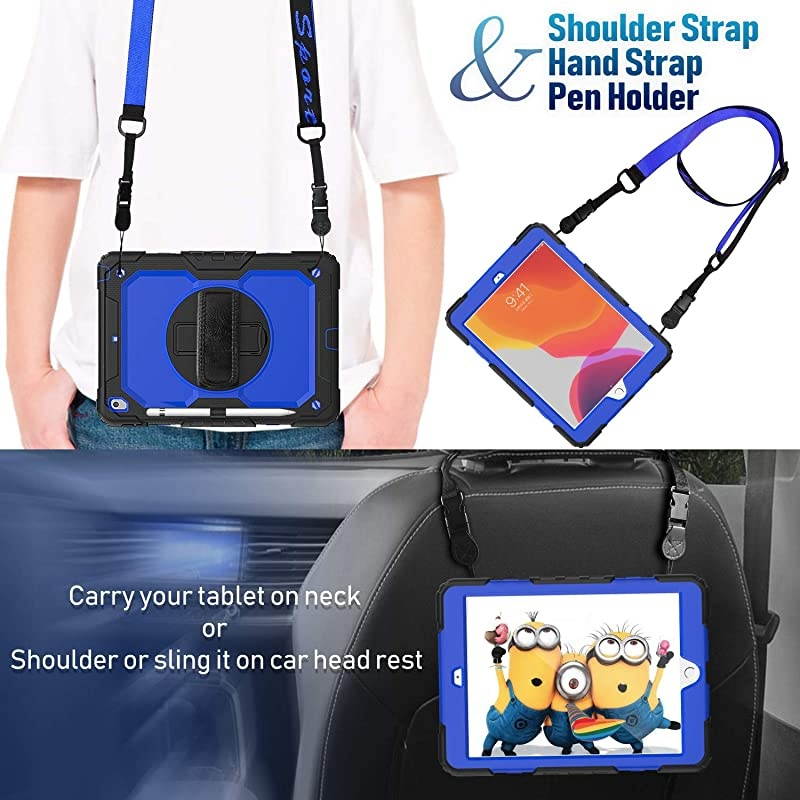 iPad 102 Case 2020 2019 iPad 8th 7th Generation Case with Pencil Holder 360&deg; Rotatable Stand with Hand Strap Shoulder Strap Builtin Screen Protector iPad 87 Generation CaseDark Blue
