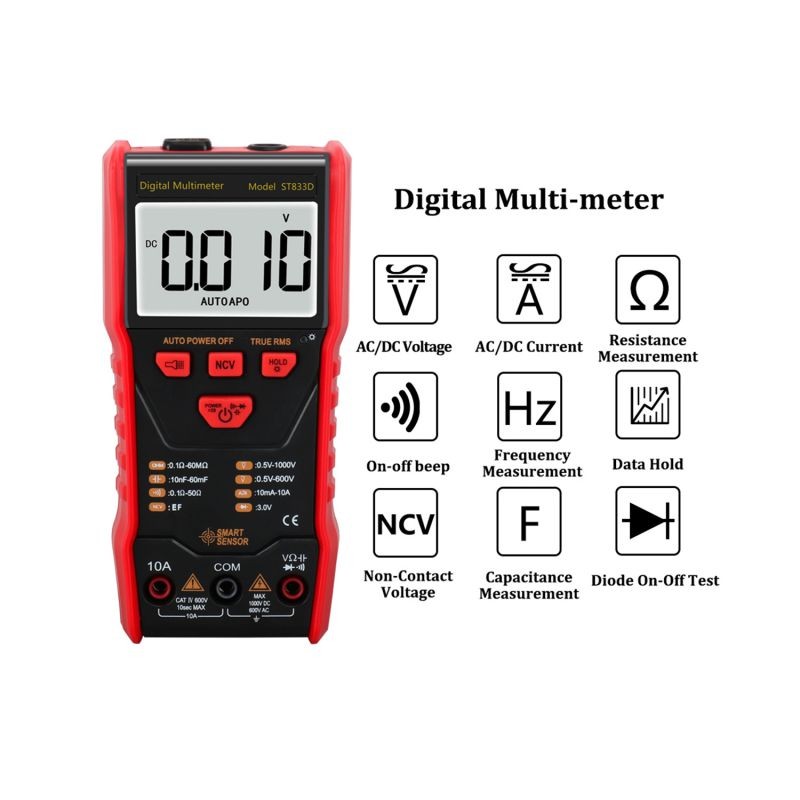 SMART SENSOR Full-automatic Multimeter LCD Display NCV Mode High Precision Multifunctional Small Multimeter Portable Electrical Household Universal Meter with Flashlight ST833D