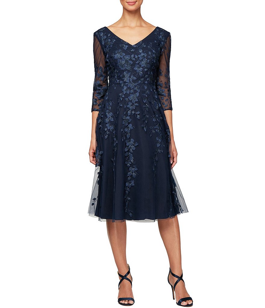 Marina Sequin Lace Round Neck 3/4 Sleeve Sheath Dress