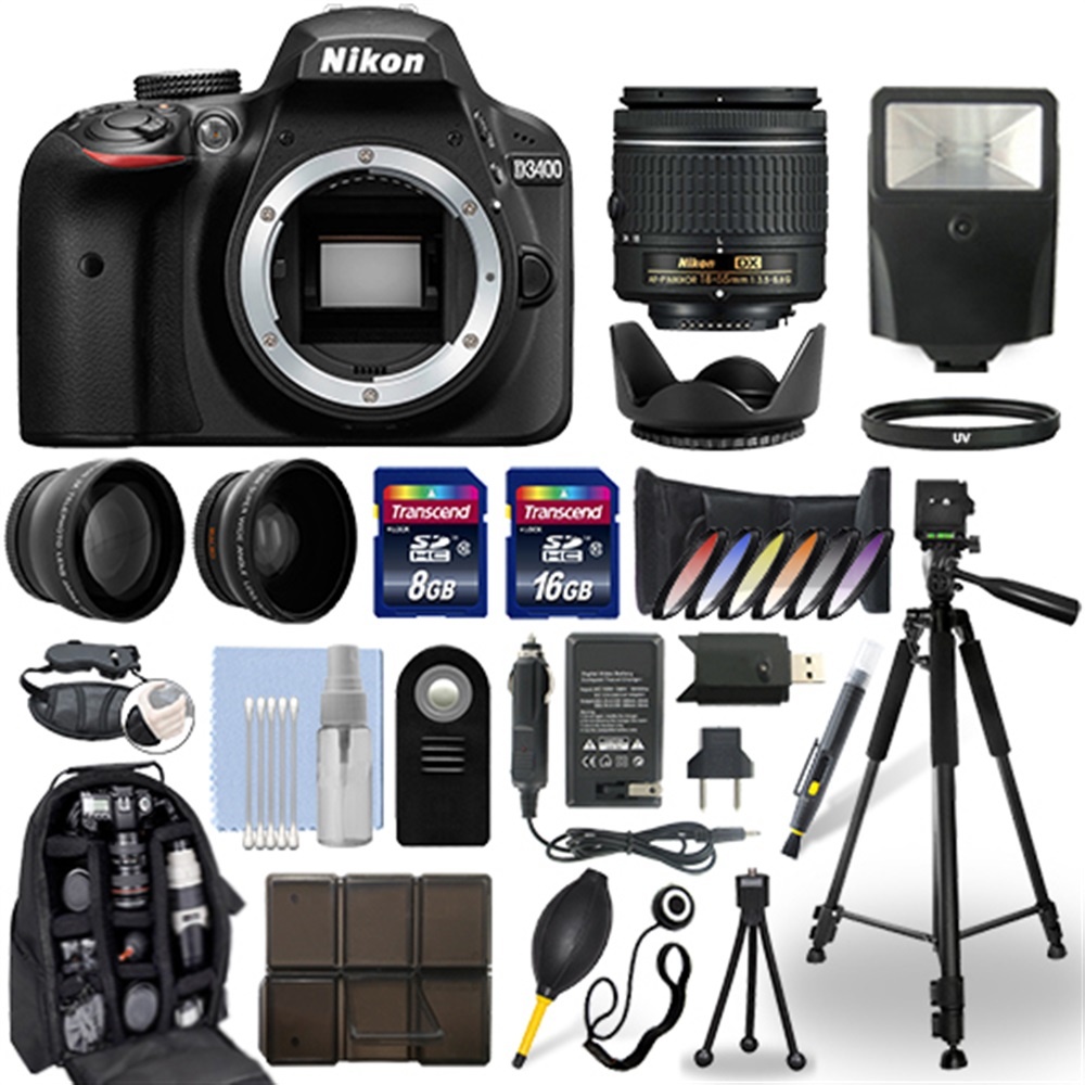 Nikon D3400 DSLR Camera + 18-55mm NIKKOR Lens + 24GB Multi Accessory Bundle